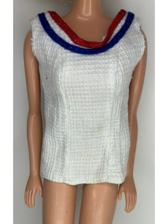 Mattel Other - Vintage 1974 Barbie Doll Get Up N Go White Waffle Tennis Shirt Top Red Blue 7842